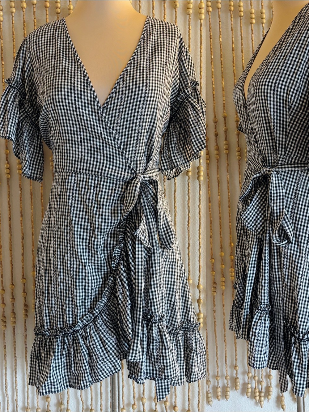 Gingham Plaid Ruffle Hem Wrap Front Feminine Coquette Summer Short Sleeve Dress